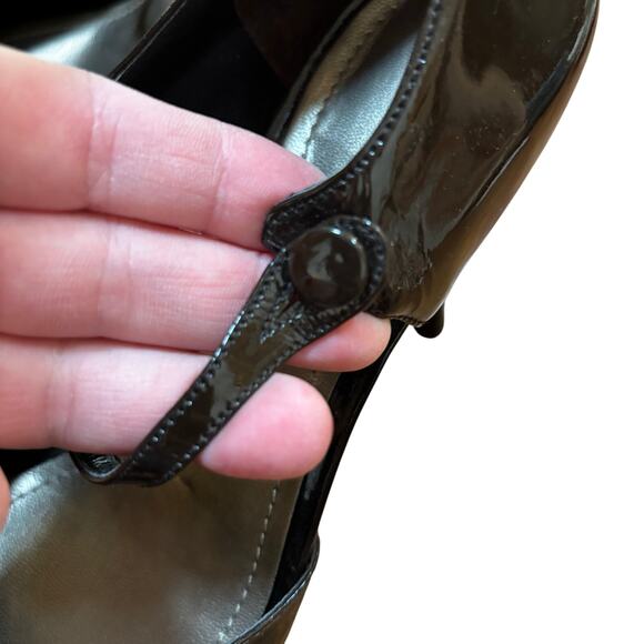 Ann Taylor dark brown/black patent leather platform high heel peep toe shoes 8M - Picture 7 of 11